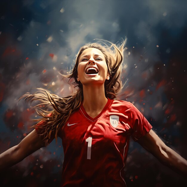 赤いサッカージャージを着た女性 女性サッカーのコンセプト