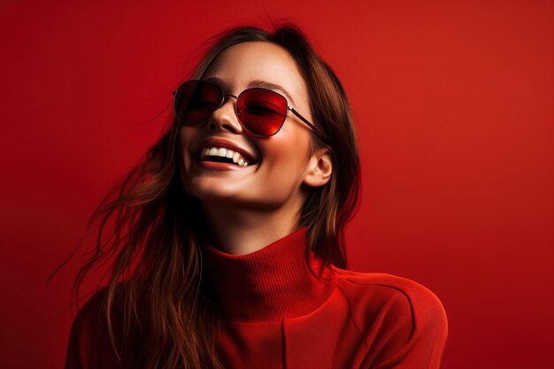 Женщина в красных солнцезащитных очках улыбается на красном фоне.
