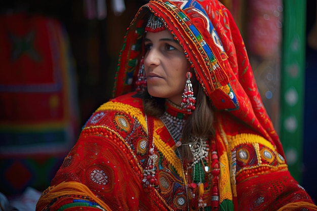 Photo a woman wearing a red and yellow dress and veil generative ai