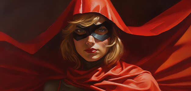 woman wearing a redwinged cloak and mask by sdala in the style of photorealistic compositions