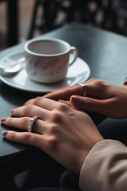 a woman wearing a ring that says  engagement  on the finger