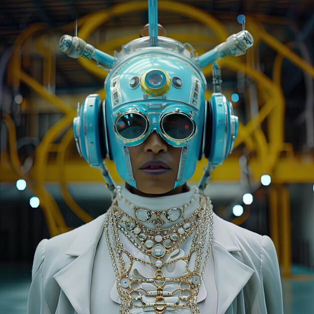 Photo a woman wearing a robot mask with the words  alien  on the face