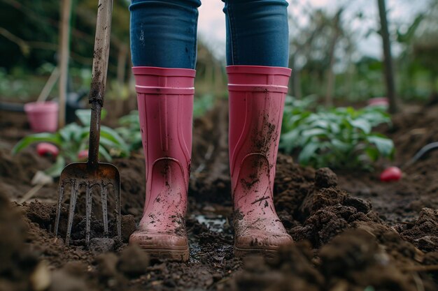 Woman wearing rosecolored wellingtons stands with garden fork on soil in backyard
