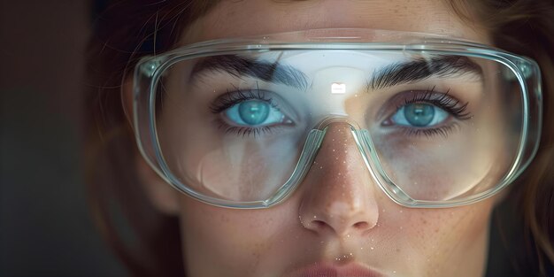 安全メガネを着用する女性 眼の安全を優先する 眼の危険性の概念 目の危険性メガネ 職場の安全性 個人保護装置 職業安全性