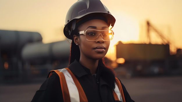 A woman wearing safety glasses and a safety vest stands in front of a sunset.