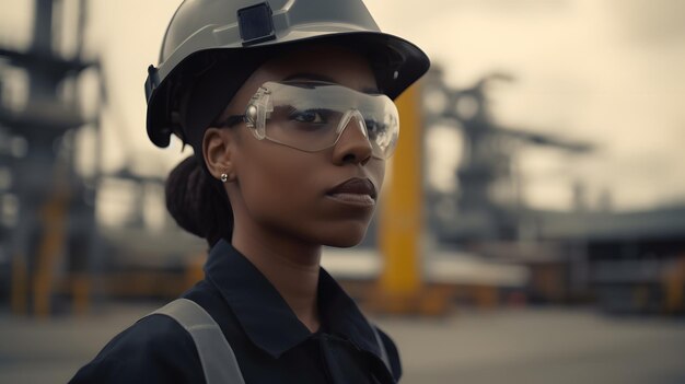 A woman wearing safety goggles and a helmet stands on a concrete platform.