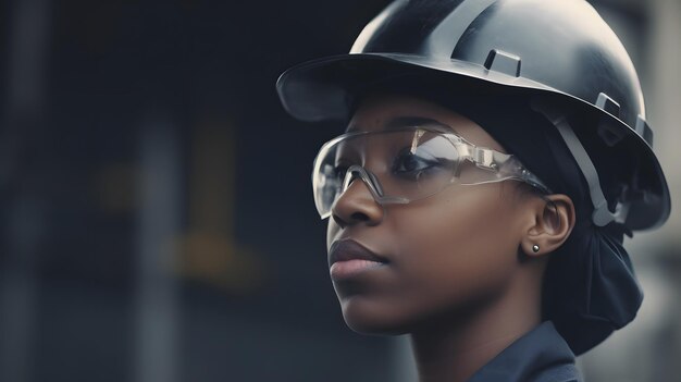 A woman wearing safety goggles and a helmet stands in front of a dark background.