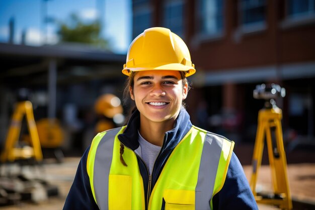 A woman wearing a safety vest and hard hat at a construction site