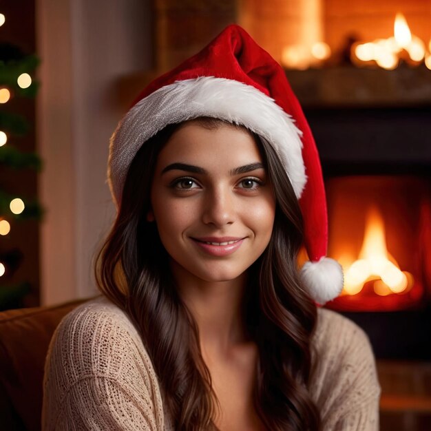 woman wearing santa hat next to fireplace smiling