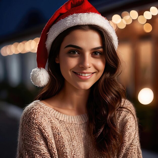 サンタの帽子とセーターを着た女性が微笑んでいる