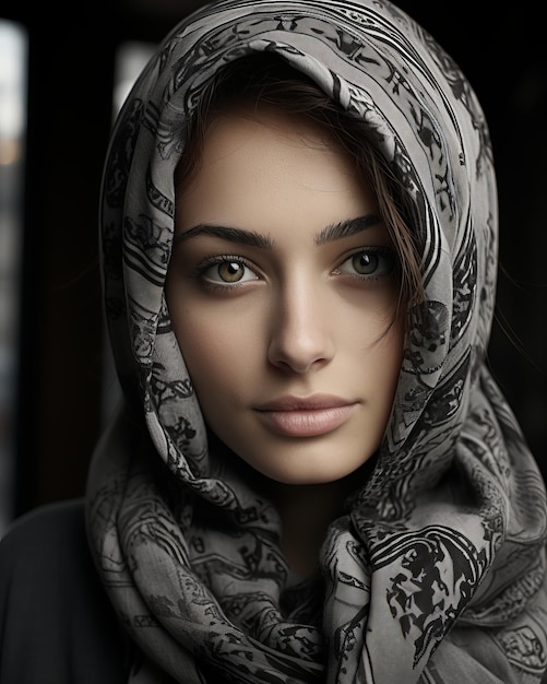 a woman wearing a scarf in front of a window