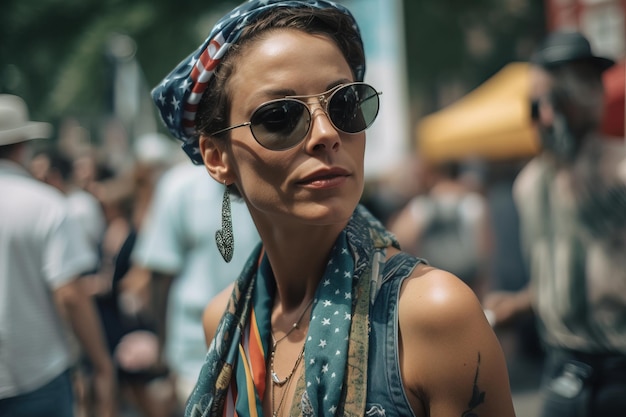 A woman wearing a scarf and sunglasses stands in front of a crowd