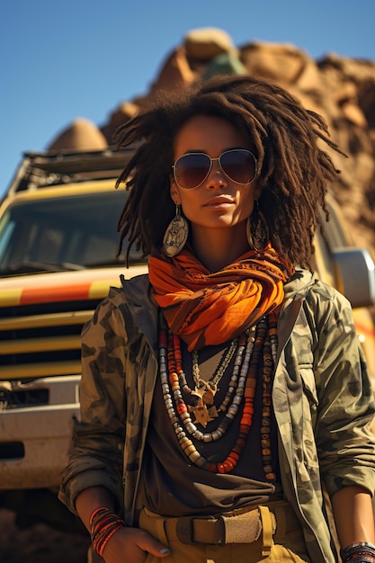 Photo a woman wearing a scarf and sunglasses