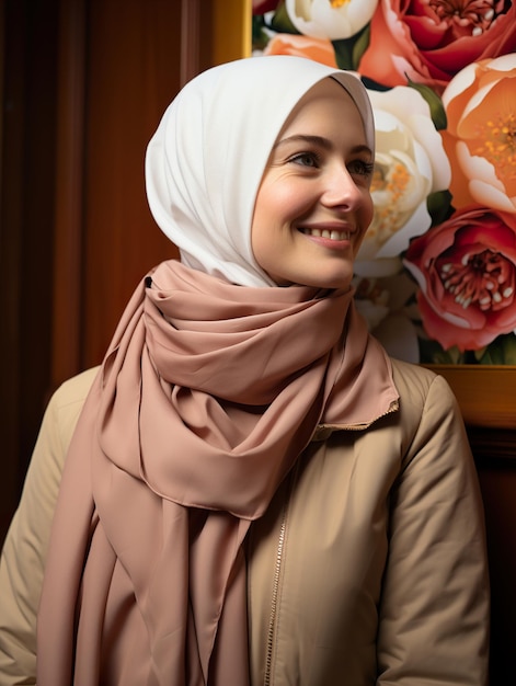 a woman wearing a scarf that says hibiscus on it