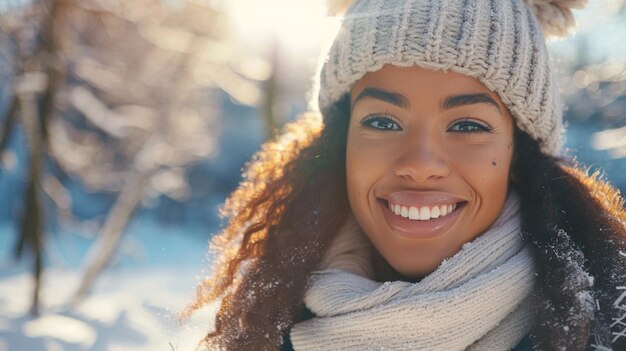 Photo a woman wearing a scarf that says  shes smiling