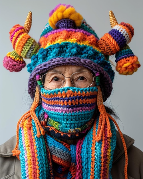 a woman wearing a scarf with a colorful hat on it