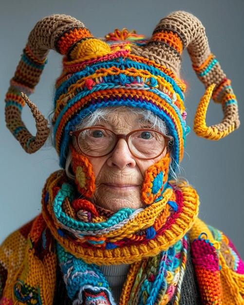 a woman wearing a scarf with the word knit on it