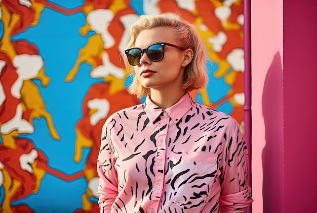 Photo a woman wearing a shirt with a pink animal print posing on a white background a wall