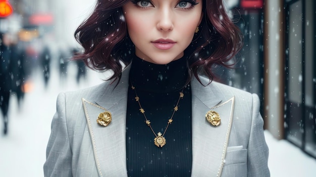 A woman wearing a silver necklace with a gold medallion on it