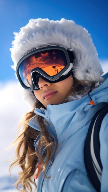 Woman wearing ski goggles on snowy mountain early in morning Generative AI