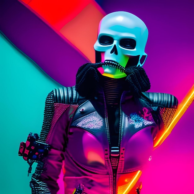 A woman wearing a skull costume stands in front of a colorful background.