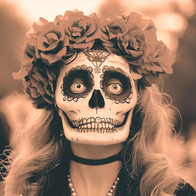 a woman wearing a skull and a flower crown is wearing a crown.