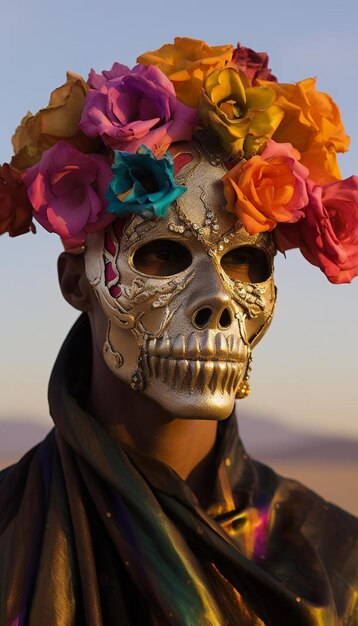 a woman wearing a skull mask with flowers on it.