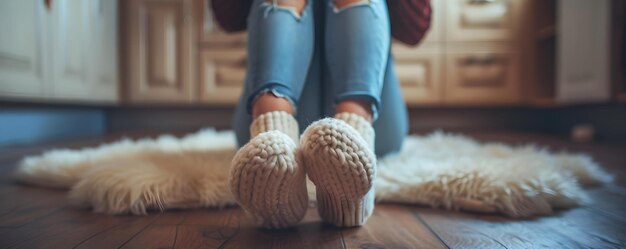 Photo woman wearing slippers sits on kitchen floor embracing a relaxed ambiance concept relaxed home vibes comfortable laidback style cozy kitchen moments casual slippers fashion embracing relaxation