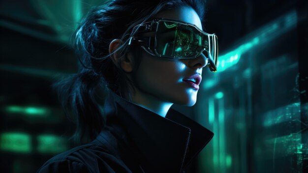 Фото Женщина в умных очках, футуристическая технология, концепция metaverse