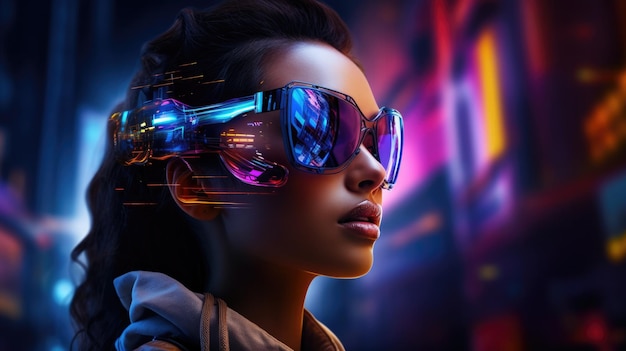 Woman wearing smart glasses futuristic technology Metaverse concept