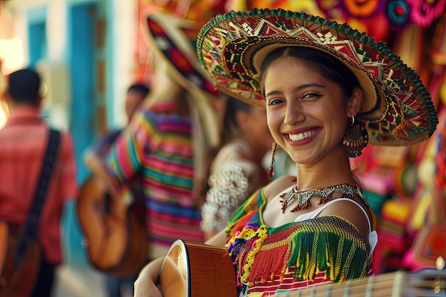 A woman wearing a sombrero and holding a guitar