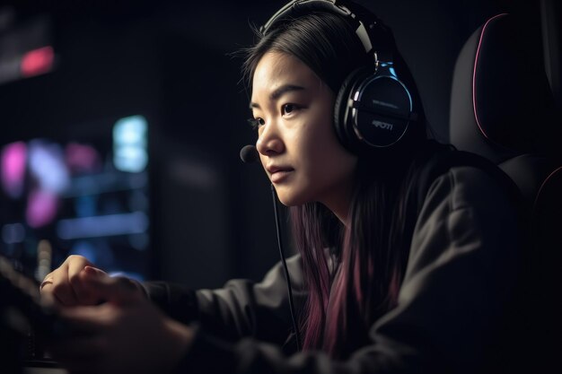 A woman wearing a sony headset sits in front of a computer screen.