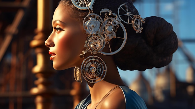 A woman wearing statement earrings as a headpiece