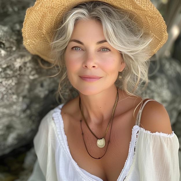 A woman wearing a straw hat and a necklace with a medallion on