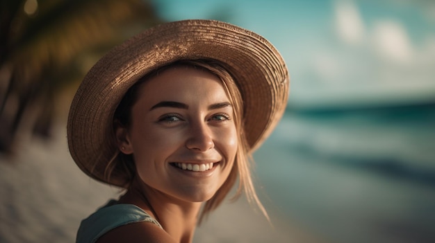 A woman wearing a straw hat smiles at the camera.