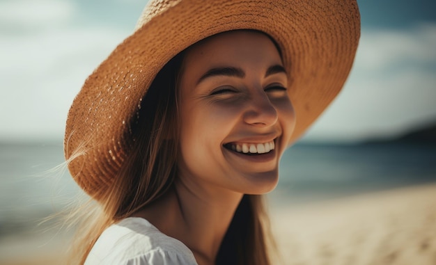 A woman wearing a straw hat smiles at the camera.