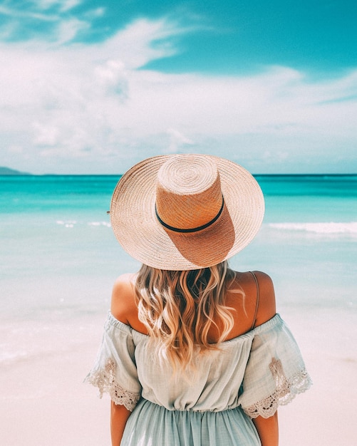 Woman wearing a straw hat stands on the beach