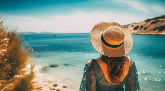 Женщина в соломенной шляпе стоит на пляже