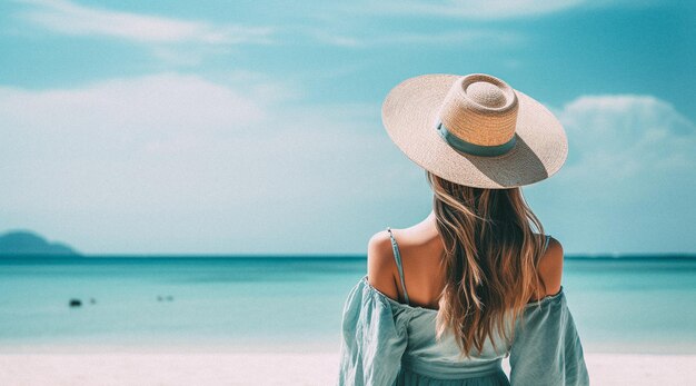 Photo woman wearing a straw hat stands on the beach