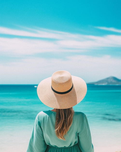 Женщина в соломенной шляпе стоит на пляже