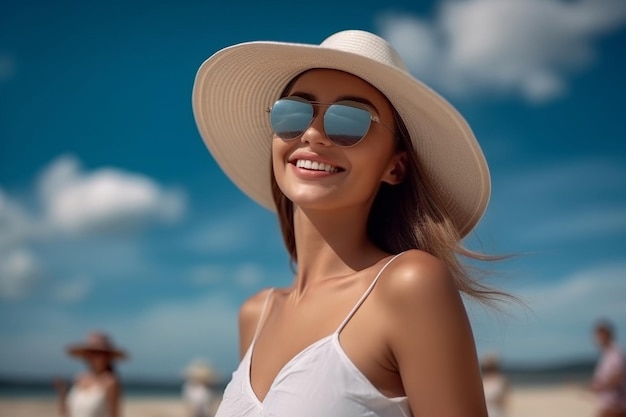 A woman wearing a straw hat and sunglasses stands on a beach