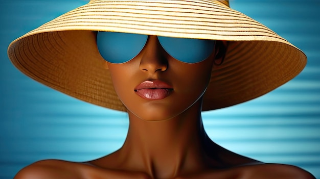 A woman wearing a straw hat and sunglasses