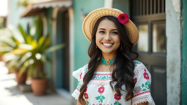 Photo a woman wearing a straw hat with a flower on it