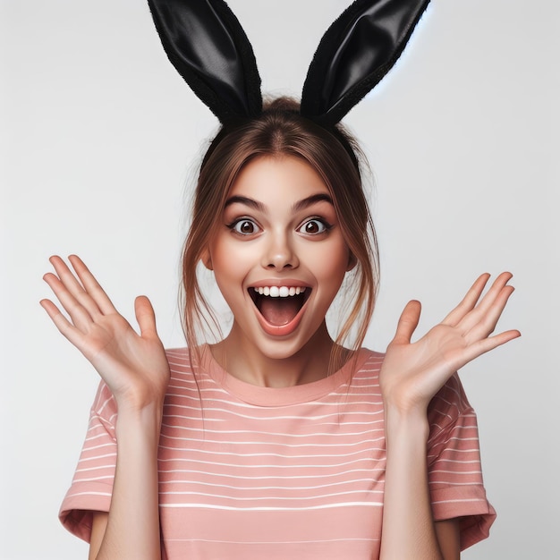 a woman wearing a striped shirt with a rabbit ears on her head