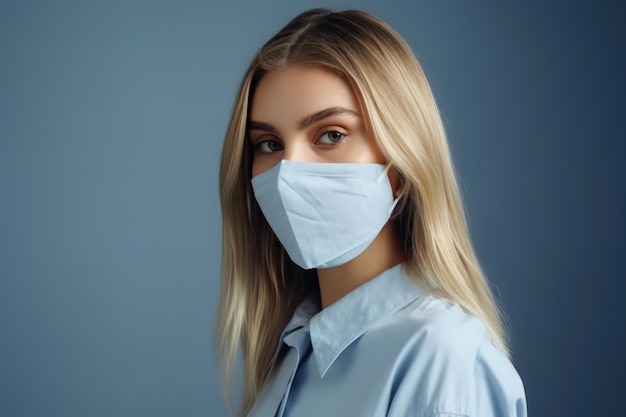 Woman wearing stylish protective face mask posing on blue background trendy fashion accessory during quarantine of coronavirus pandemic close up studio portrait copy empty space for text