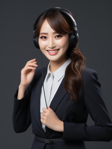 Photo a woman wearing a suit and headphones posing for a picture