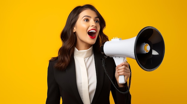 a woman wearing a suit holding a loudspeaker hat on a yellow background created with generative ai