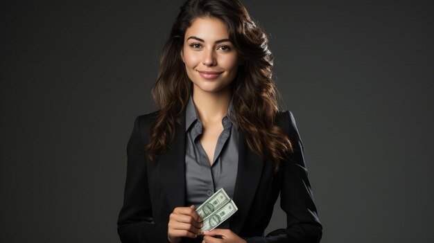 a woman wearing a suit and holding money in the studio background