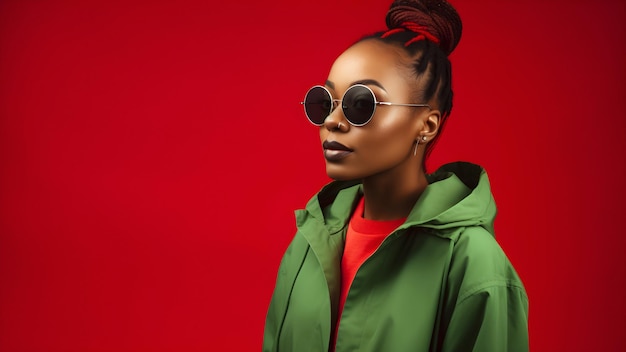 A woman wearing sunglasses against a red background