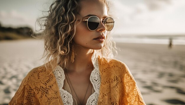 A woman wearing sunglasses on a beach